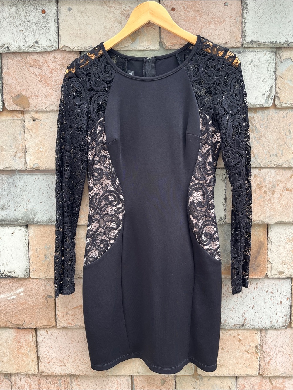 BCX Black Long Sleeve Lace-Panel Sheath Dress